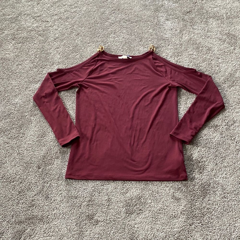 Michael Kors Maroon Cold Shoulder Chain Strap Top Trendy Chic SIZE S
